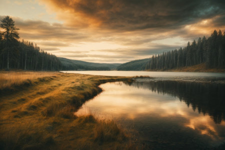 Beautiful morning landscape with lake and forest in Finland. Long exposureの素材