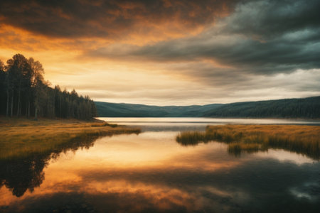 Lake in the mountains at sunset. Beautiful landscape with lake and forest.の素材