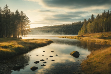 Beautiful autumn landscape with river and forest in Finland. Toned.の素材