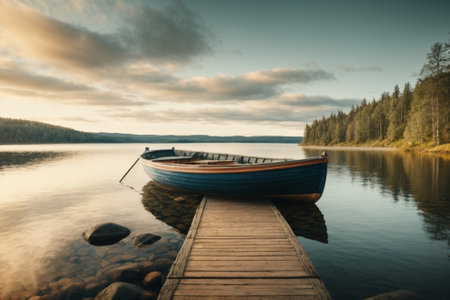 Boat on the lake at sunrise. Beautiful summer landscape. Dramatic sky.の素材
