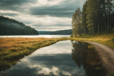 Beautiful summer landscape with lake, forest and cloudy sky - vintage retro effectの素材
