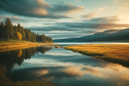 Mountain lake at sunset with reflection in water. Nature composition.の素材