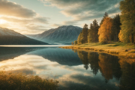 Mountain lake at sunset in autumn. Beautiful landscape with mountains and clouds.の素材