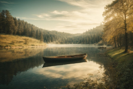 Boat on the lake in the autumn forest. Vintage style.の素材