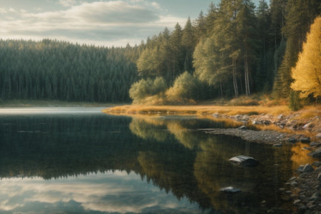 Reflection of trees in the lake. Autumn landscape with forest and lakeの素材