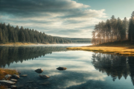 Foggy morning at the lake. Beautiful autumn landscape with forest and lake.の素材