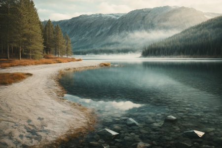 Mountain lake with clear water and fog in autumn. Beautiful nature landscape.の素材