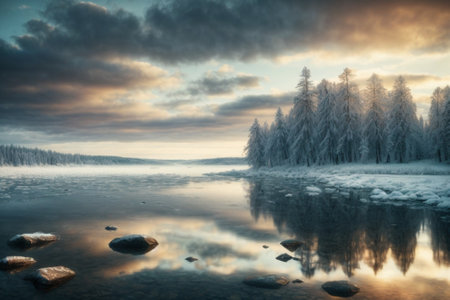 Beautiful winter landscape with lake frozen and forest. HDR image.の素材