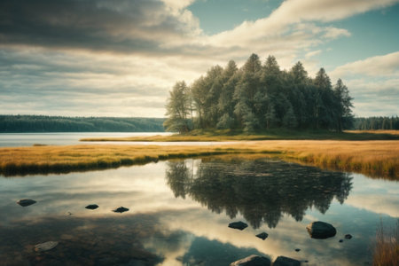 Beautiful autumn landscape with lake and forest. Long exposure photo.の素材