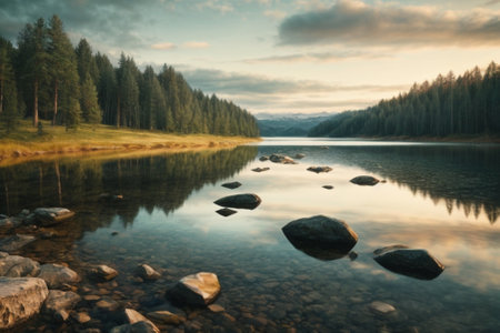 Mountain lake with reflections in the water. Beautiful summer landscape.の素材