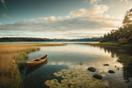 Boat on a lake at sunset, South Island, New Zealandの素材