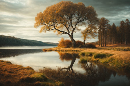 Autumn landscape with a lonely tree on the shore of a lakeの素材