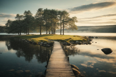 Wooden pier on the lake at sunrise. Beautiful summer landscape.の素材