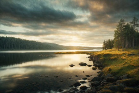 Sunset over a lake in the mountains. Long exposure shot.の素材
