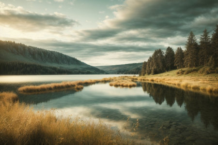Beautiful autumn landscape with lake and forest. Long exposure photo.の素材