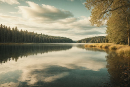 Beautiful autumn landscape with lake and forest in Russia. Toned.の素材