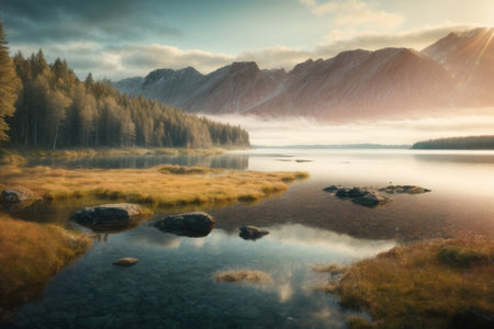 Mountain lake at sunrise in autumn. The concept of active, ecological and photo tourismの素材