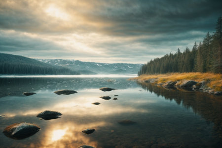 Mountain lake in the Ukrainian Carpathian Mountains at sunset.の素材