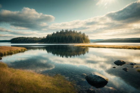 Beautiful autumn landscape with lake and forest. Long exposure shot.の素材