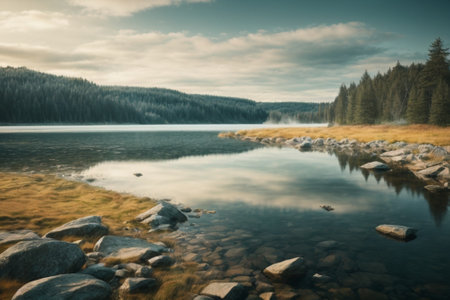 Mountain lake in the morning. Dramatic overcast sky. Finland, Europe. Beauty world. Retro style.の素材