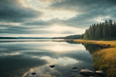 Foto de Beautiful landscape with lake and forest in the background. Toned. - Imagen libre de derechos