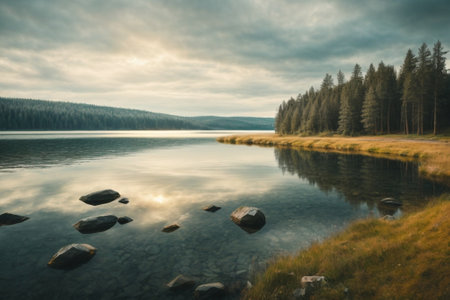 Beautiful landscape with lake and forest in the background. Long exposureの素材
