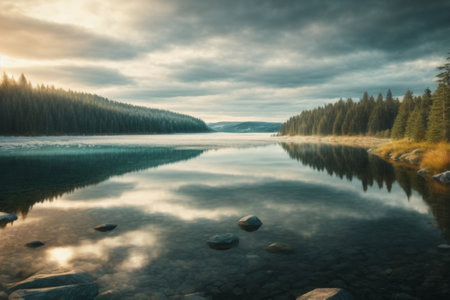 Mountain lake in the forest at sunset. Beautiful nature landscape.の素材