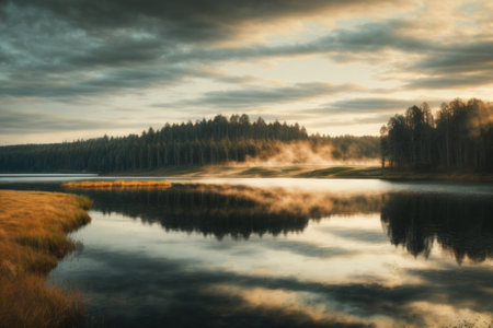 Misty morning on the lake. Beautiful autumn landscape. Long exposureの素材