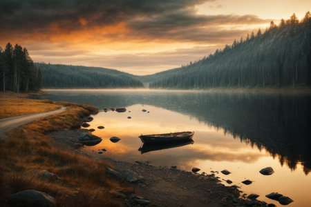 Foggy autumn sunrise on the lake. Dramatic scene.の素材