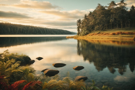 Beautiful landscape image of a lake in the forest at sunset.の素材