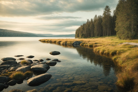 Beautiful autumn landscape with lake and forest in Finland. Long exposure.