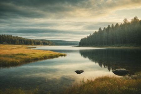 Autumn landscape with lake and forest in Finland. Toned.の素材