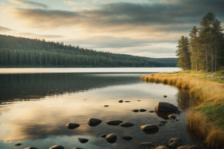 Mountain lake at sunset with reflection in water, Finland. Long exposure.の素材