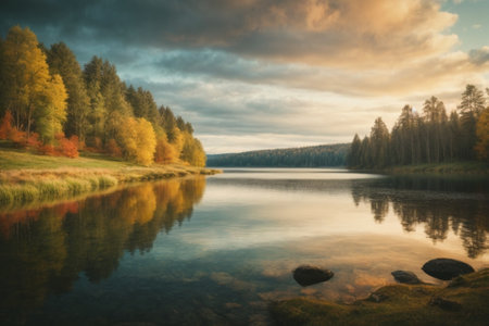Autumn landscape with lake and forest. Beautiful autumn landscape with lake and forestの素材