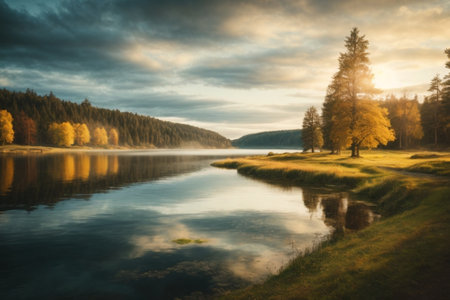 Autumn landscape with lake and forest at sunrise. Long exposure.の素材