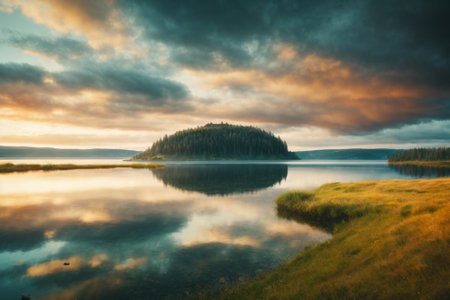 Lake in the mountains at sunset, Karelia, Russia.の素材