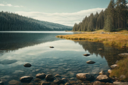 Beautiful mountain lake in the middle of coniferous forest.の素材