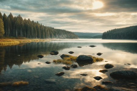 Lake in the mountains at sunset, Karelia, Russia.の素材