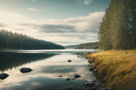 A long exposure of a lake in the mountains with a pine forest in the backgroundの素材