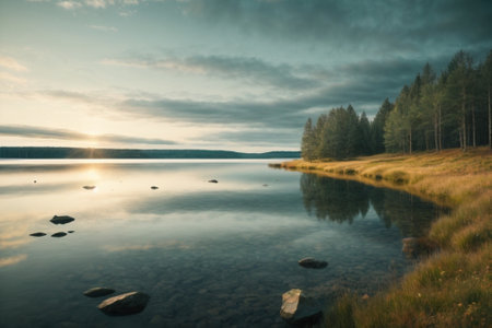 Beautiful landscape with lake and forest in the background at sunrise.の素材