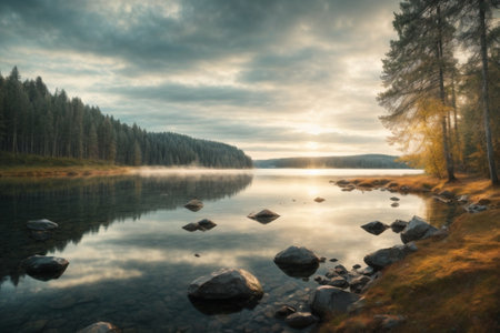 Mountain lake in the forest at sunrise. Beautiful summer landscape.の素材