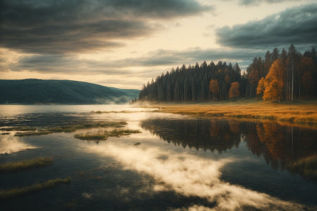 Autumn landscape with foggy lake and forest in the background.の素材