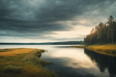 Beautiful summer landscape with lake, forest and cloudy sky. Toned.の素材