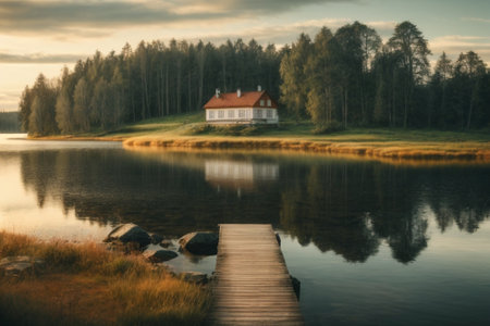 Wooden pier on the lake at sunset, Finland. Long exposure.の素材