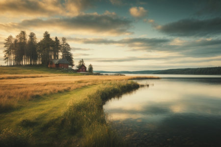 Beautiful summer landscape with lake and wooden house. Vintage style toned pictureの素材