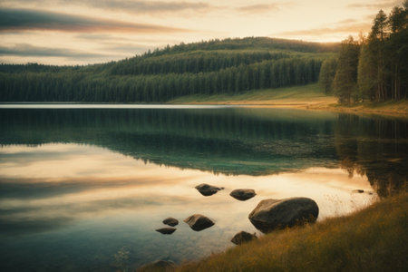 Beautiful mountain lake at sunset in the summer. Long exposure.の素材