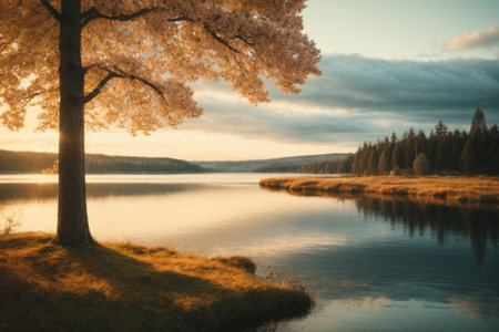 Beautiful autumn landscape with lake and trees at sunrise. Long exposureの素材