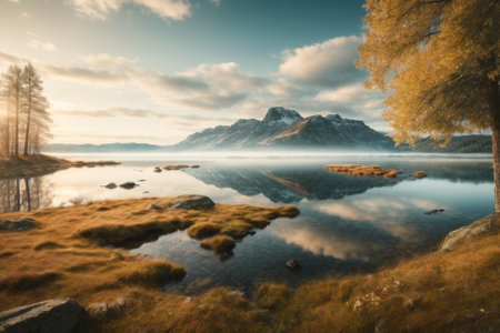 Foggy autumn morning in the Lofoten islands, Norway.の素材