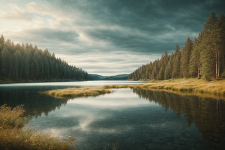 Mountain lake in the autumn forest. Dramatic overcast sky.の素材