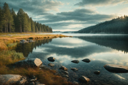 Mountain lake in the autumn forest. Dramatic sky with clouds.の素材